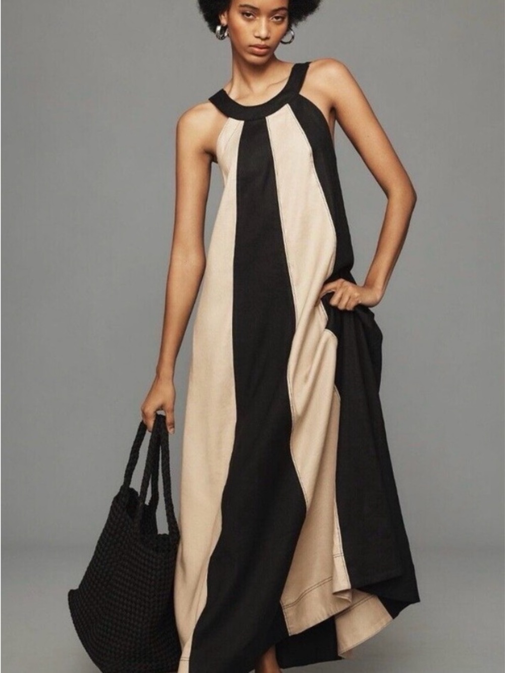 Anthropologie Black and Beige Panel Maxi Dress